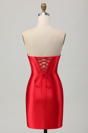 Red Bodycon Strapless Beaded Corset Cocktail Dress with Slit